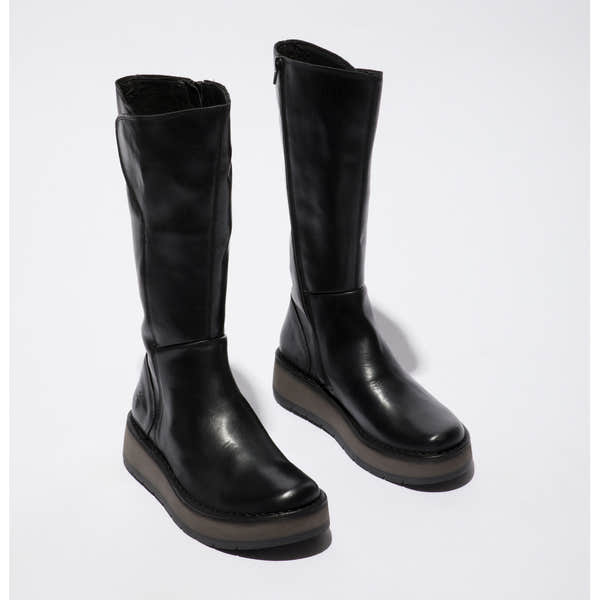 Fly RHEA042FLY ladies black leather knee-high boots with side zippers and chunky soles. Classic, stylish, and versatile footwear for women.