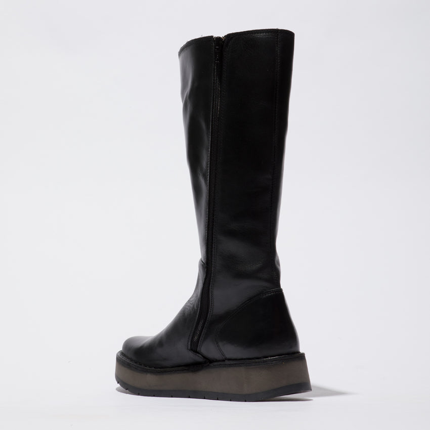 Fly RHEA042FLY women's black leather knee-high boots with side zippers and wedge soles. Stylish, quilted design and comfortable fit.