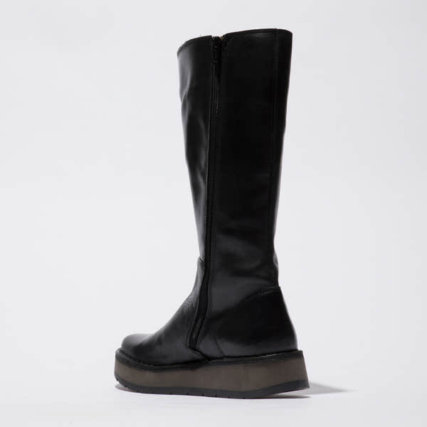 Fly RHEA042FLY women's black leather knee-high boots with side zippers and wedge soles. Stylish, quilted design and comfortable fit.