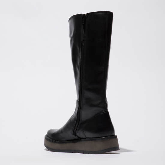 Fly RHEA042FLY women's black leather knee-high boots with side zipper, chunky platform sole, stylish and versatile footwear.