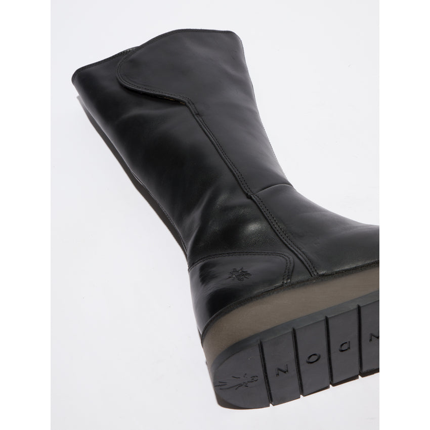 Fly RHEA042FLY women's black leather knee-high boots with side zips and rugged soles.