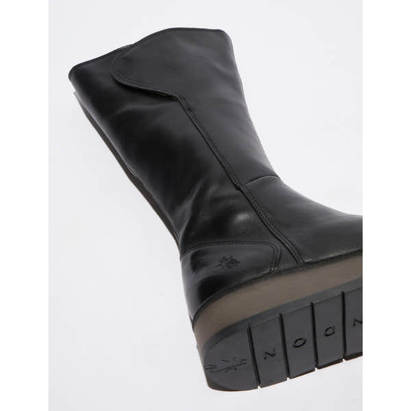 Fly RHEA042FLY women's black leather knee-high boots with side zips and rugged soles.