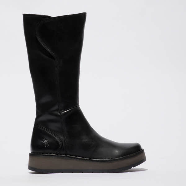 Fly RHEA042FLY women's black leather knee-high boots with side zip, rugged sole, and stylish design.