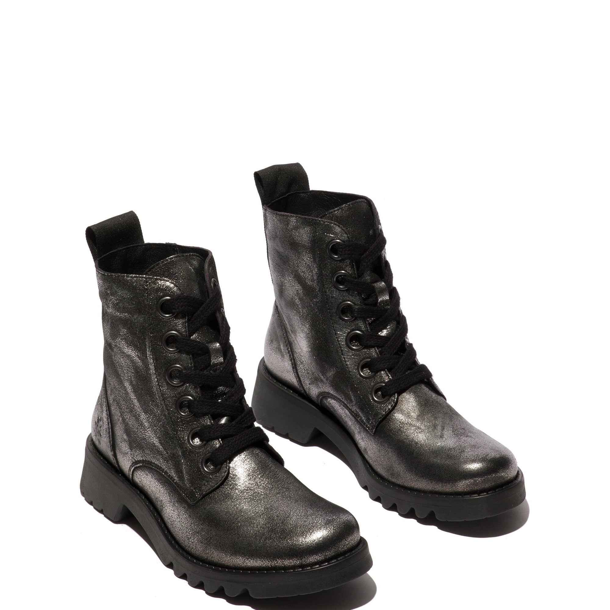 Fly Ragi539 Ladies Dark Flash Silver Leather Lace Up Ankle Boots-elevate your sole