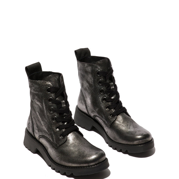 Fly Ragi539 Ladies Dark Flash Silver Leather Lace Up Ankle Boots-elevate your sole