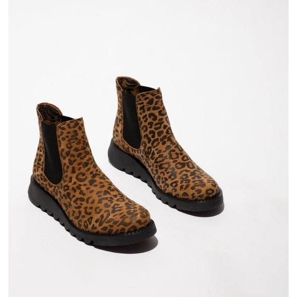 Fly SALV195 (Black Elastic) Ladies Tan Cheetah Leather Pull On Ankle Boots-elevate your sole
