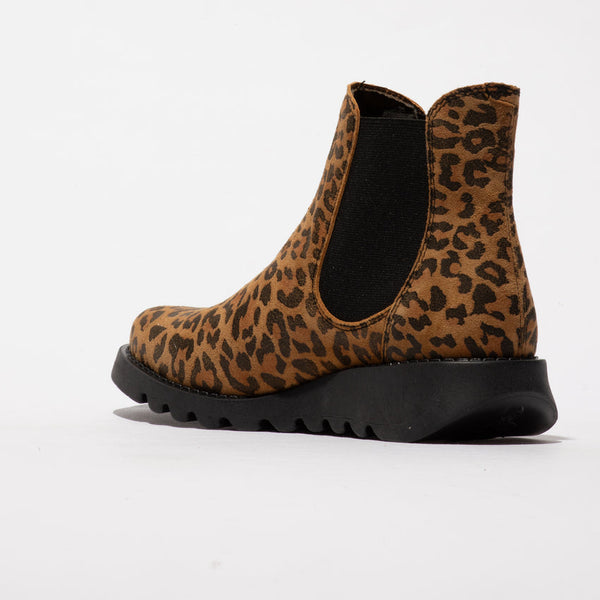 Fly SALV195 (Black Elastic) Ladies Tan Cheetah Leather Pull On Ankle Boots-elevate your sole