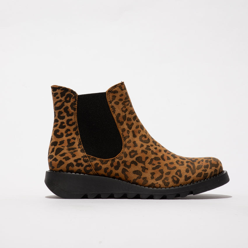 Fly SALV195 (Black Elastic) Ladies Tan Cheetah Leather Pull On Ankle Boots-elevate your sole
