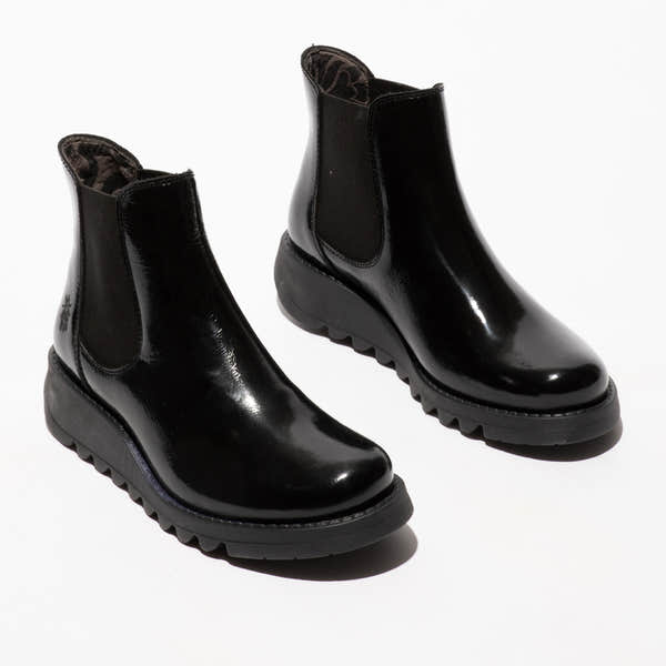 Fly SALV195FLY women's black patent leather ankle pull-on boots with a sleek finish and chunky sole.