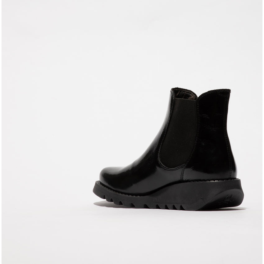 Fly SALV195FLY Ladies Black Patent Leather Nappalak Ankle Boots with pull-on design and chunky sole.