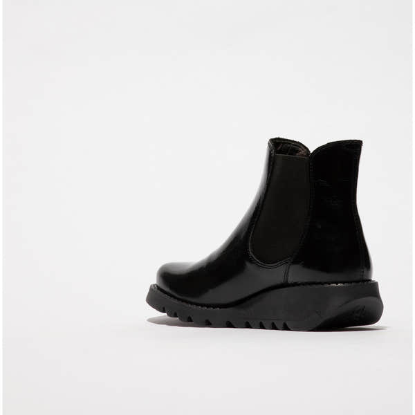 Fly SALV195FLY Ladies Black Patent Leather Nappalak Ankle Boots with pull-on design and chunky sole.
