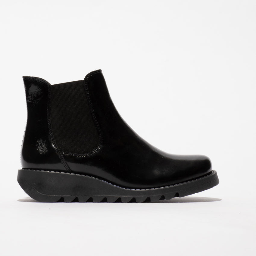 Fly SALV195FLY women's black patent leather ankle pull-on boots with elastic side panels and rugged outsole.