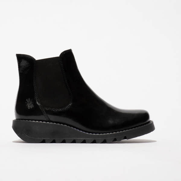 Fly SALV195FLY women's black patent leather ankle pull-on boots with elastic side panels and rugged outsole.