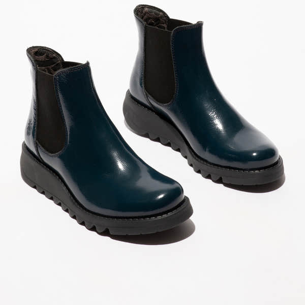 Fly SALV195FLY Ladies Navy Patent Leather Pull-On Ankle Boots with black elastic side panels and chunky sole.
