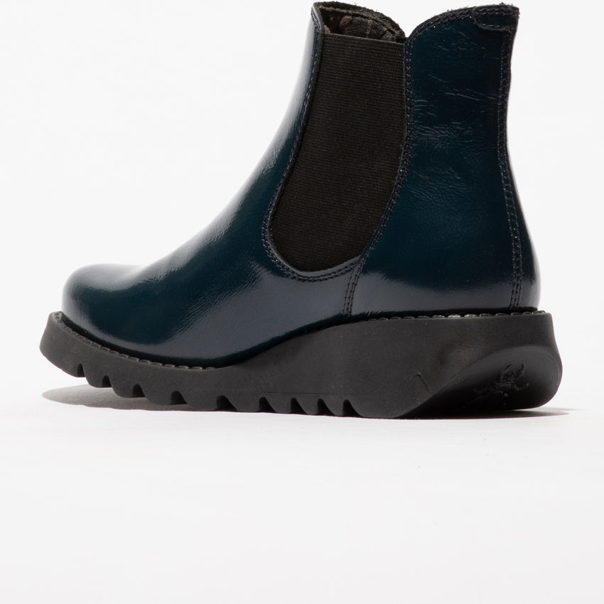 Fly SALV195FLY Ladies Nappalak Navy Patent Leather Pull-On Ankle Boots with chunky black sole