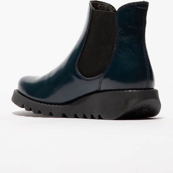 Fly SALV195FLY Ladies Nappalak Navy Patent Leather Pull-On Ankle Boots with chunky black sole