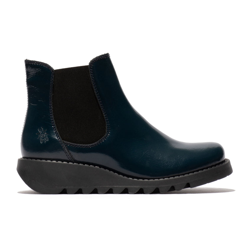 Fly SALV195FLY Ladies Navy Patent Leather Nappalak Pull-On Ankle Boots, sleek waterproof footwear with elastic side panels.