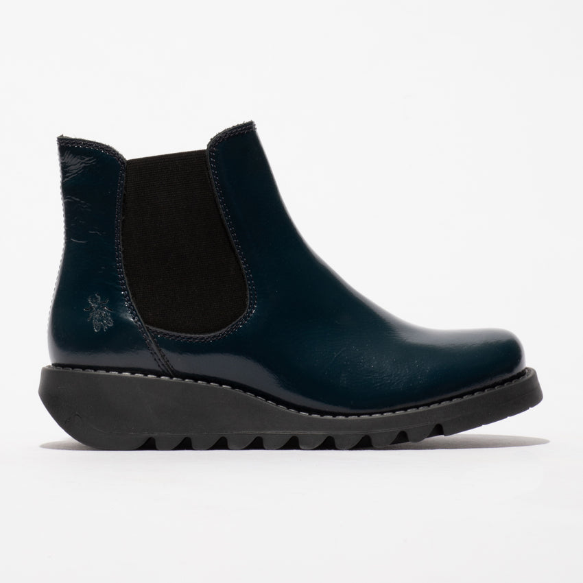 Fly SALV195FLY Ladies Navy Patent Leather Nappalak Pull-On Ankle Boots with elastic side panels.