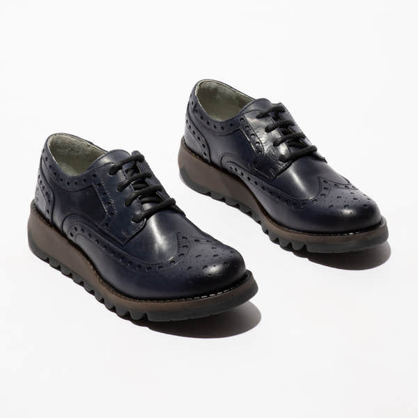 Fly SIIP362FLY Ladies Navy Leather Lace-Up Brogues with perforated detailing and cushioned soles.