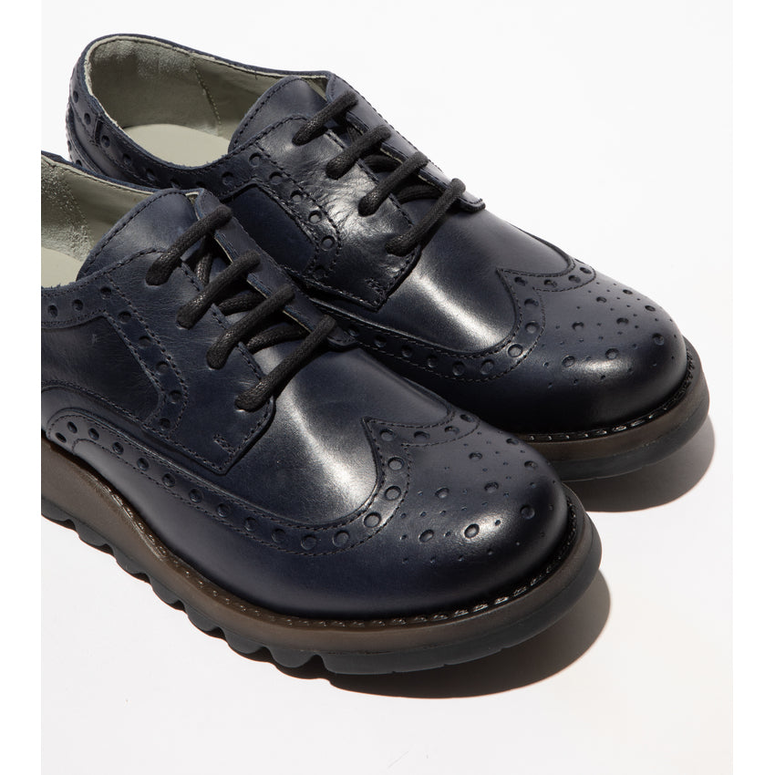 Fly SIIP362FLY Ladies Navy Leather Lace-Up Brogues with brogue detailing and cushioned soles.