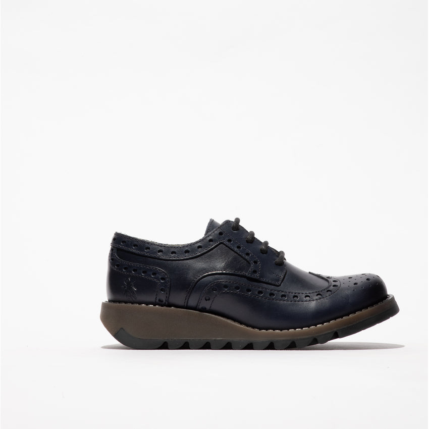 Fly SIIP362FLY Ladies Navy Leather Lace-Up Brogues with Wingtip Design and Cushioned Sole.