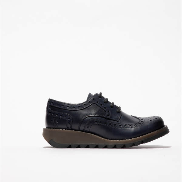 Fly SIIP362FLY Ladies Navy Leather Lace-Up Brogues with Wingtip Design and Cushioned Sole.