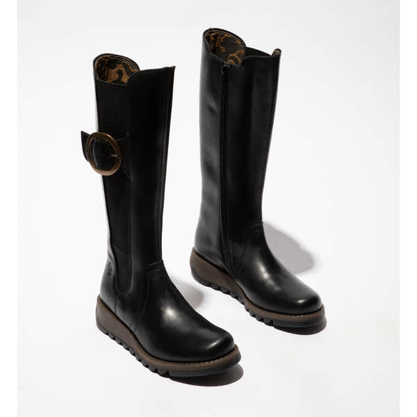 Fly SOIF361FLY women's black leather knee-high boots with side zipper and buckle detail. Flat sole with rugged tread.