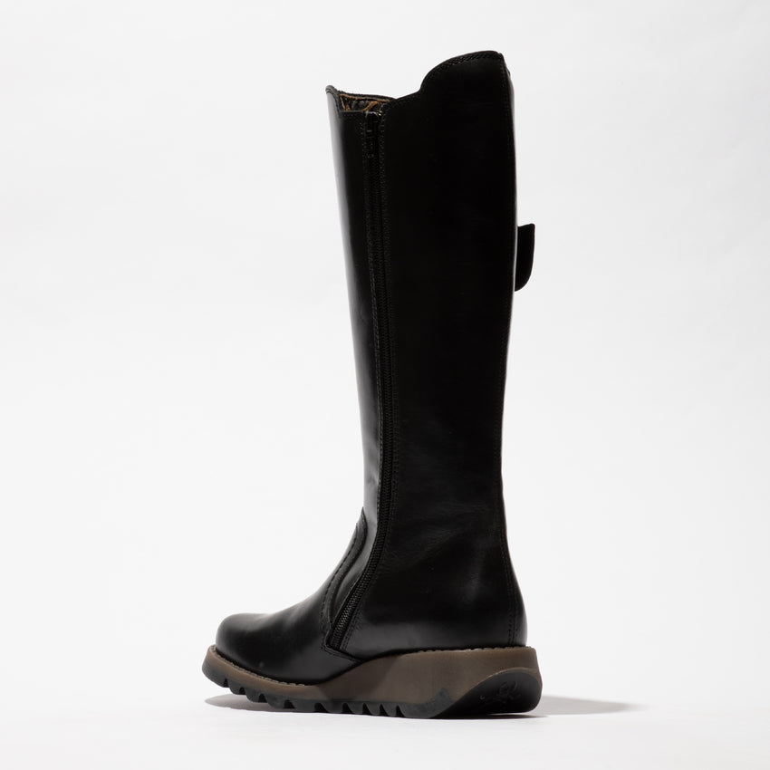 Fly SOIF361FLY women's black leather knee-high boots with side zipper, rugged sole, and stylish design.