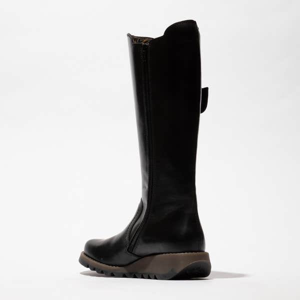 Fly SOIF361FLY women's black leather knee-high boots with side zipper, rugged sole, and stylish design.