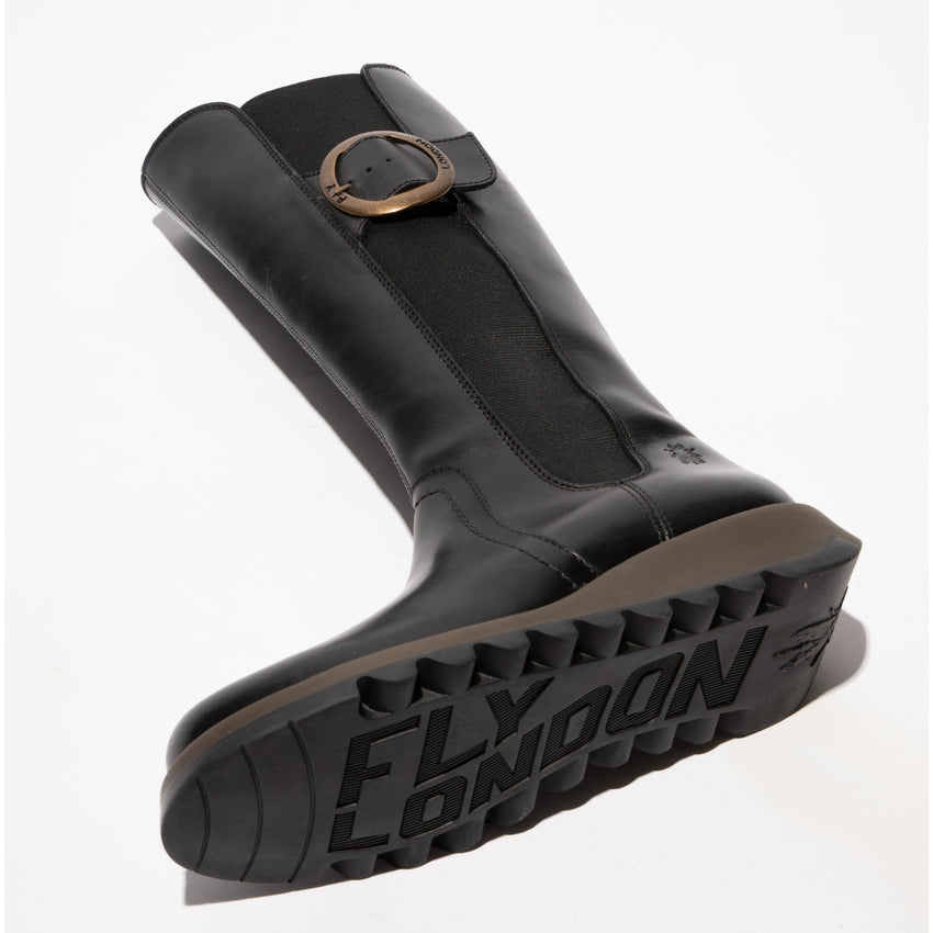 Fly SOIF361FLY women's black leather knee-high boots with side zipper, chunky sole, and decorative buckle detail.