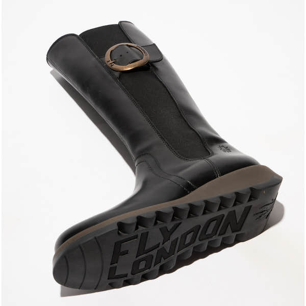 Fly SOIF361FLY women's black leather knee-high boots with side zipper, chunky sole, and decorative buckle detail.