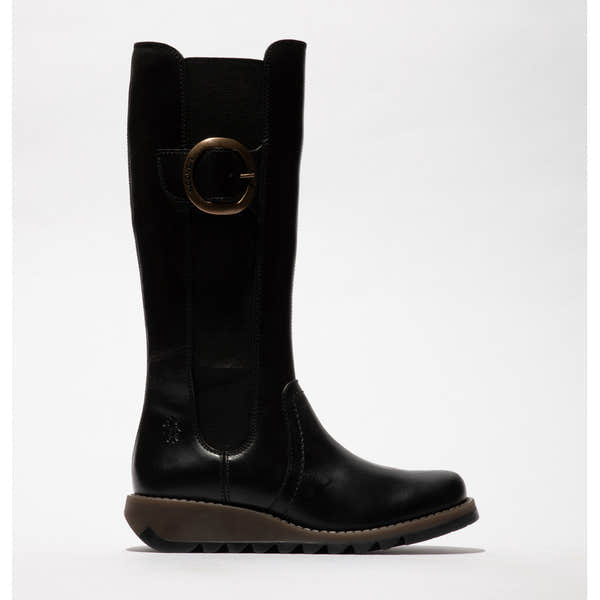 Fly SOIF361FLY women's black leather knee-high boots with side zipper and buckle detail.