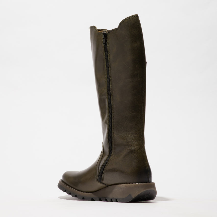 Fly SOIF361FLY Ladies Rug Diesel Leather Side Zip Knee-High Boots, dark brown leather, chunky sole, side zipper, stylish and durable footwear.