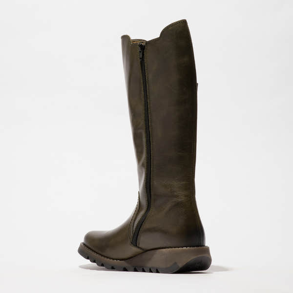 Fly SOIF361FLY Ladies Rug Diesel Leather Side Zip Knee-High Boots, dark brown leather, chunky sole, side zipper, stylish and durable footwear.