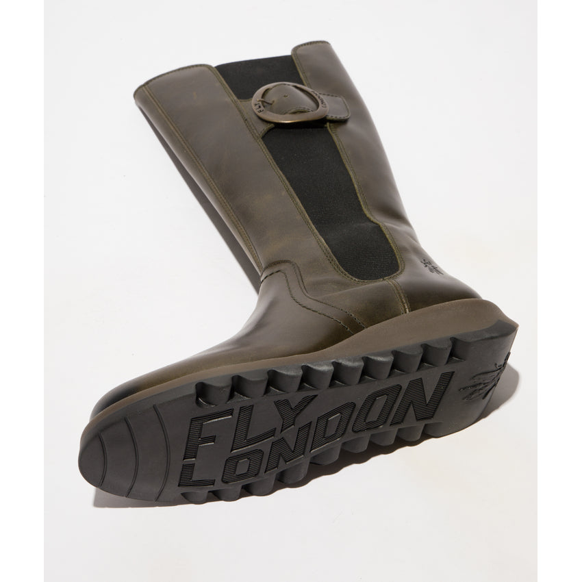 Fly SOIF361FLY Ladies Rug Diesel Leather Side Zip Knee-High Boots with chunky sole and side zipper.