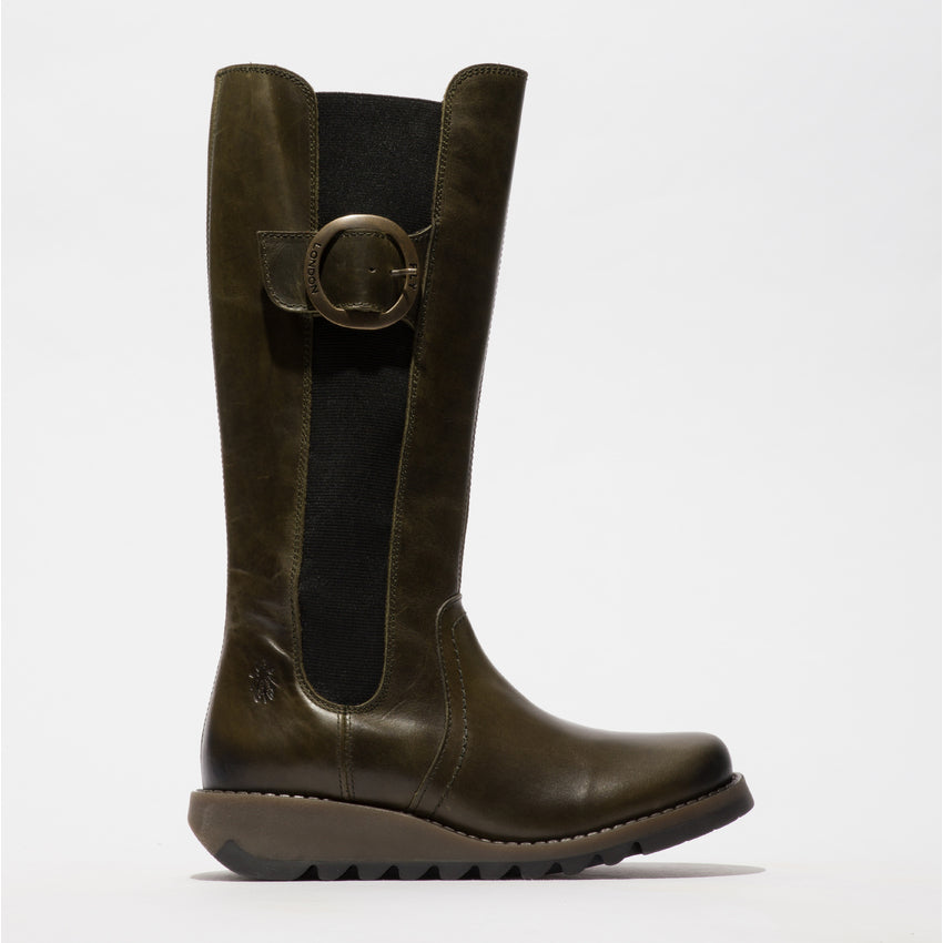 Fly SOIF361FLY women's diesel leather knee-high boots with side zippers, buckled strap detail, and rugged sole.