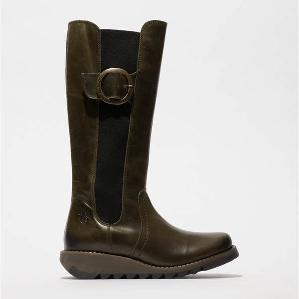 Fly SOIF361FLY women's diesel leather knee-high boots with side zippers, buckled strap detail, and rugged sole.