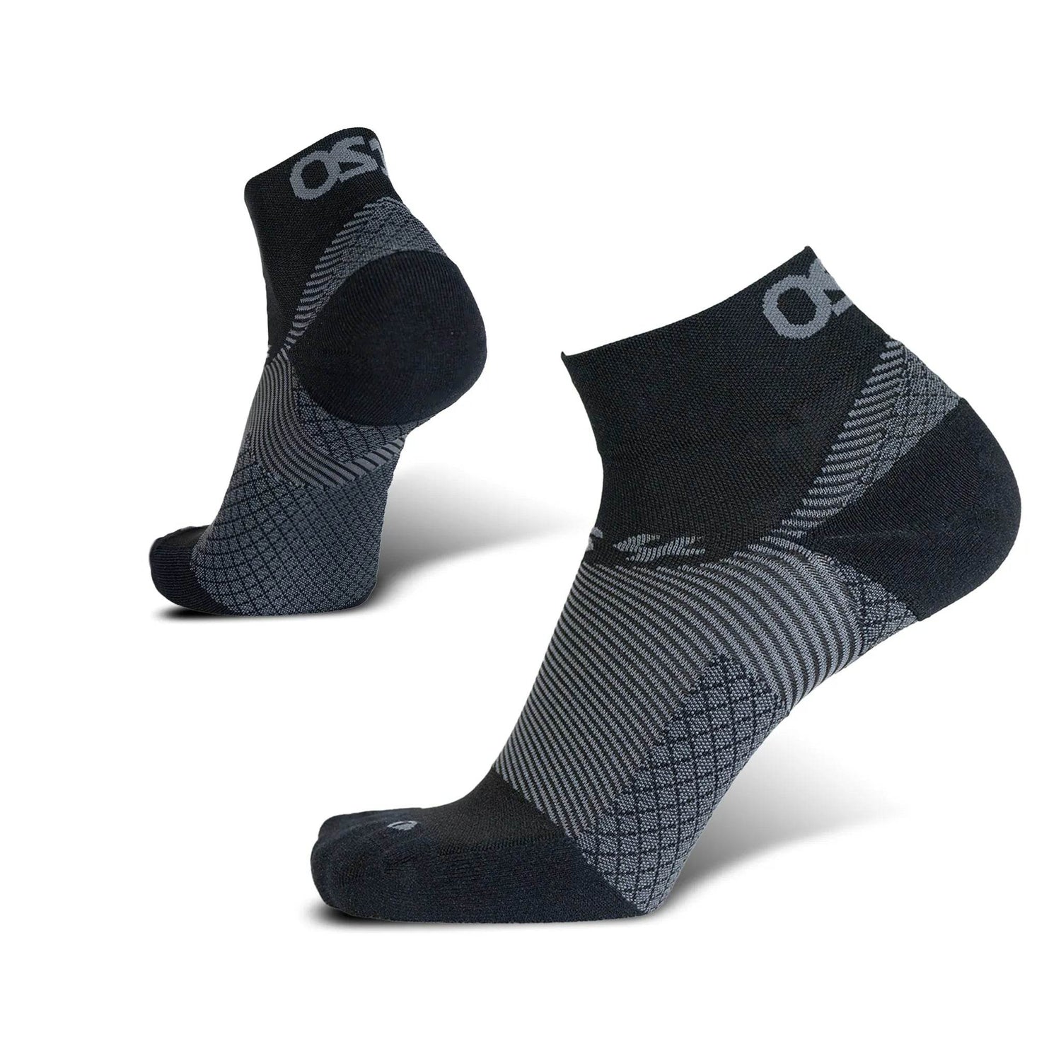 FootBalance OS1st FS4 1/4 Crew Plantar Fasciitis Socks with compression, black and gray design, ankle-length, and supportive fit.