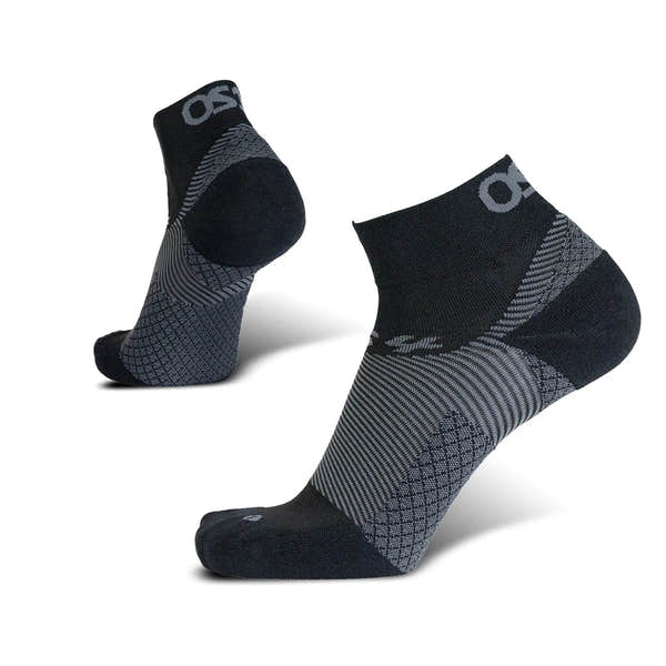 FootBalance OS1st FS4 1/4 Crew Plantar Fasciitis Socks with compression, black and gray design, ankle-length, and supportive fit.