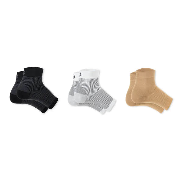 FootBalance OS1st FS6 black, white, and beige performance compression foot sleeves, breathable and supportive ankle sleeves.