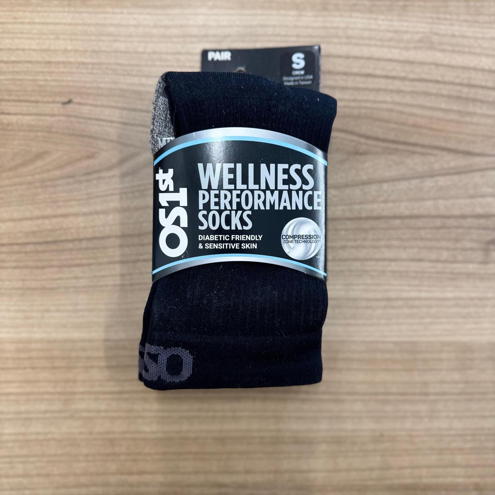 FootBalance OS1st WP4 black wellness socks with compression zone technology, designed for performance, diabetic friendly, and sensitive skin.