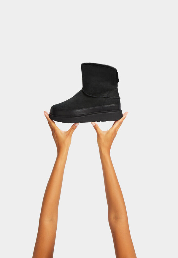 FitFlop GS6-090 Gen-FF Mini Shearling Ladies All Black Leather & Textile Pull On Ankle Boots