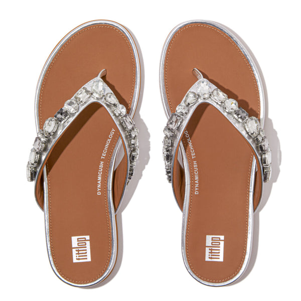 FitFlop HT9-011 Gracie Jewel-Deluxe Ladies Narrow Silver Leather Slip On Sandals