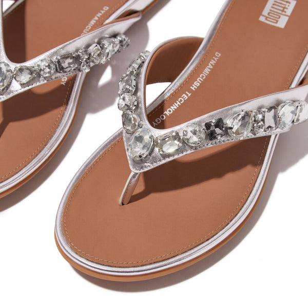 FitFlop HT9-011 Gracie Jewel-Deluxe Ladies Narrow Silver Leather Slip On Sandals