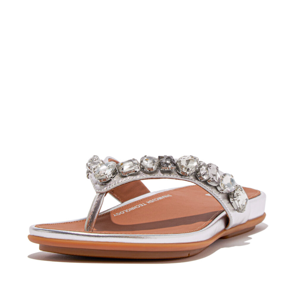 FitFlop HT9-011 Gracie Jewel-Deluxe Ladies Narrow Silver Leather Slip On Sandals