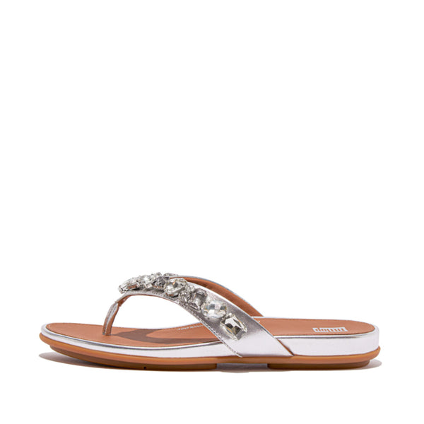 FitFlop HT9-011 Gracie Jewel-Deluxe Ladies Narrow Silver Leather Slip On Sandals