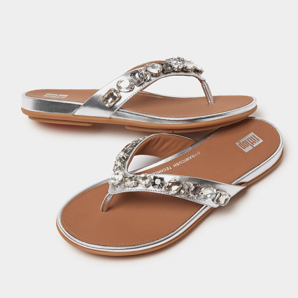 FitFlop HT9-011 Gracie Jewel-Deluxe Ladies Narrow Silver Leather Slip On Sandals