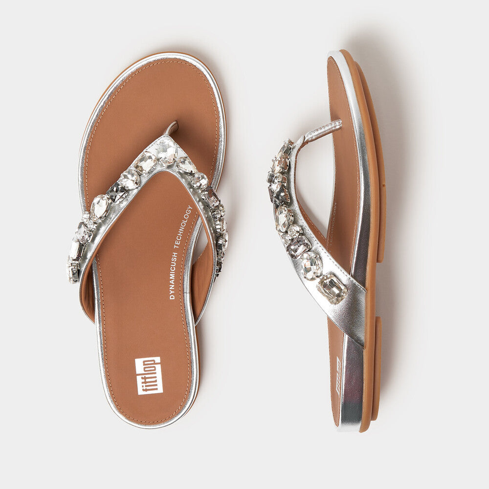 FitFlop HT9-011 Gracie Jewel-Deluxe Ladies Narrow Silver Leather Slip On Sandals