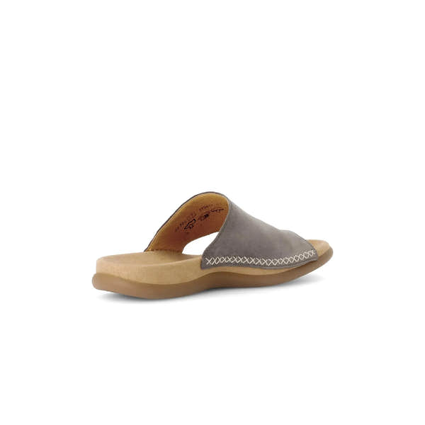 Gabor Lanzarote Ladies Taupe Nubuck Slip-On Sandals with cushioned footbed and stitched detail.