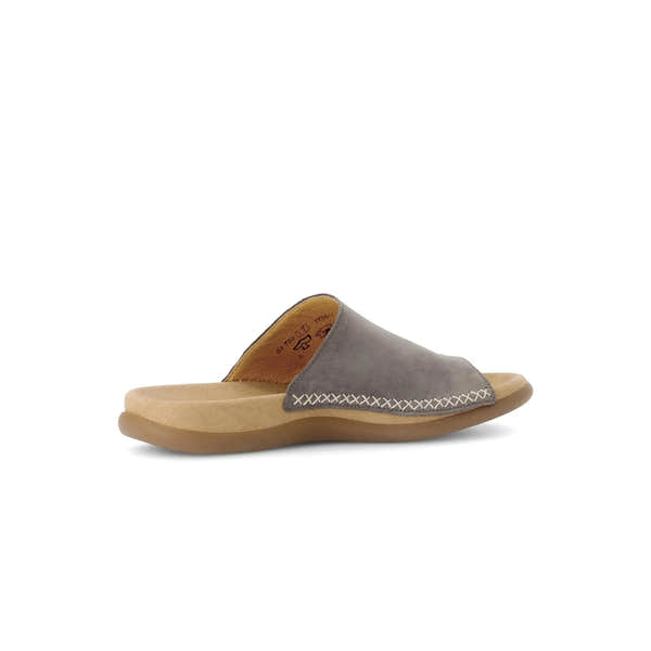 Gabor Lanzarote Ladies Taupe Nubuck Slip-On Sandals with cushioned footbed and cross-stitch detail, stylish and comfortable summer footwear.